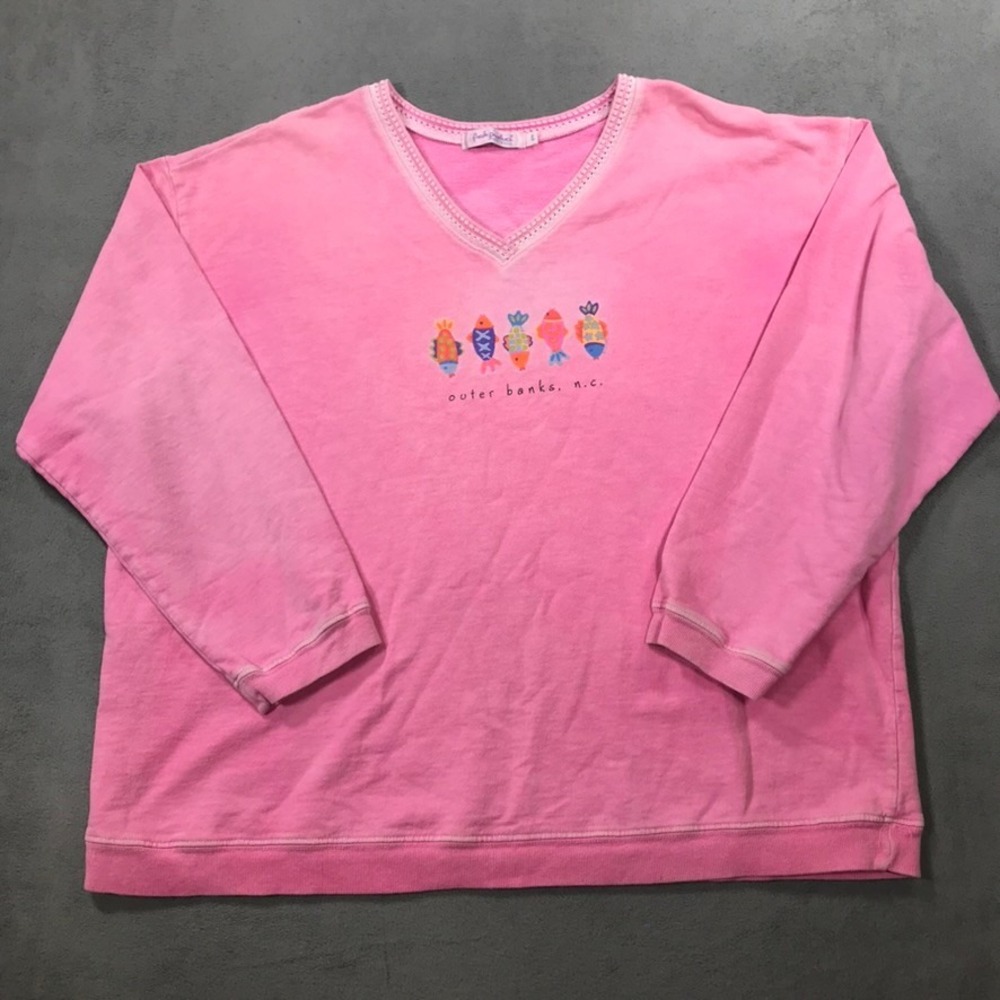 Vintage Fresh Produce Sweatshirt Womens Large Pink Outer Banks NC Fish V-Neck